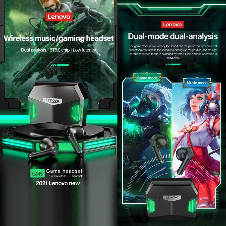 Lenovo GM5 TWS หูฟังบลูทูธไร้สายกันน้ำสำหรับกีฬา ลดเสียงรบกวน พร้อมไมโครโฟน, GM5