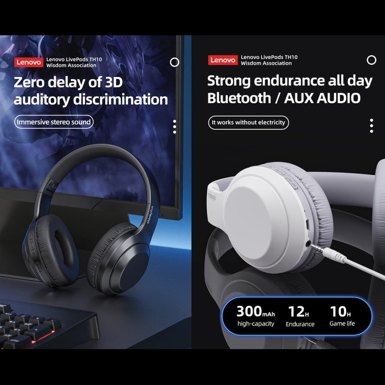 Lenovo TH10 หูฟังเกมมิ่งบลูทูธไร้สายเบสหนักสำหรับกีฬา ตัดเสียงรบกวน, TH10 สีขาว, TH10 สีดำ