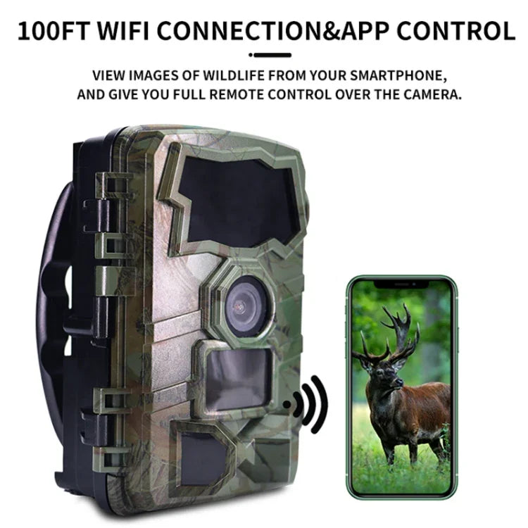 4K hunting trail camera with WiFi showcasing 100ft WiFi connection and app control features.