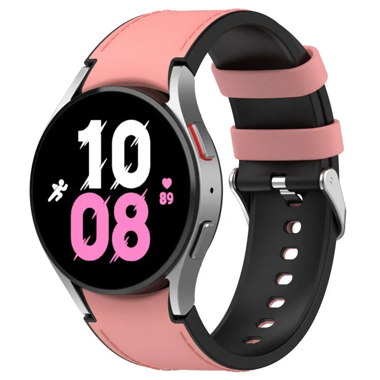 สำหรับ Samsung Galaxy Watch5 44mm / 40mm สายนาฬิกาหนังซิลิโคนหัวเข็มขัดเงิน, S, L