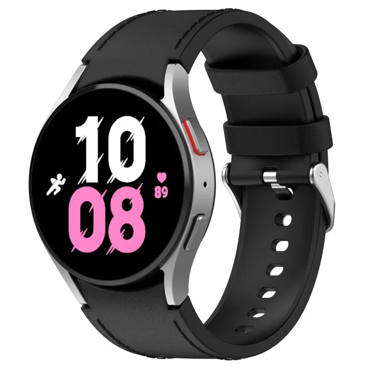 สำหรับ Samsung Galaxy Watch5 44mm / 40mm สายนาฬิกาหนังซิลิโคนหัวเข็มขัดเงิน, S, L