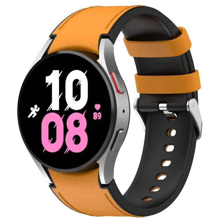 สำหรับ Samsung Galaxy Watch5 44mm / 40mm สายนาฬิกาหนังซิลิโคนหัวเข็มขัดเงิน, S, L