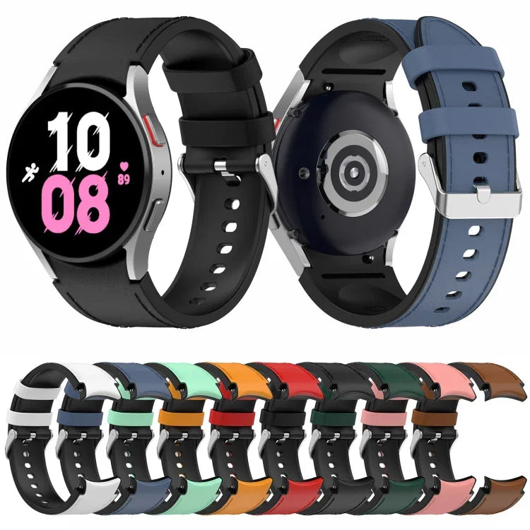 สำหรับ Samsung Galaxy Watch5 44mm / 40mm สายนาฬิกาหนังซิลิโคนหัวเข็มขัดเงิน, S, L