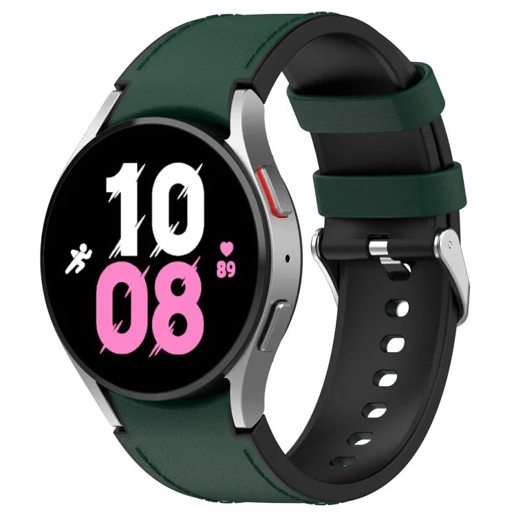 สำหรับ Samsung Galaxy Watch5 44mm / 40mm สายนาฬิกาหนังซิลิโคนหัวเข็มขัดเงิน, S, L