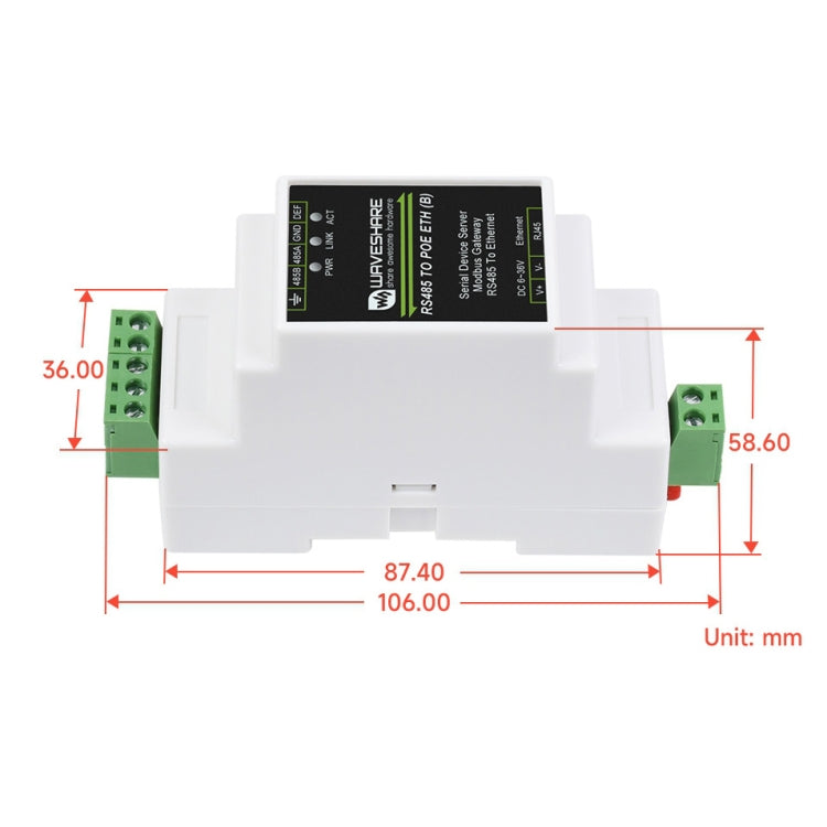 Waveshare เซิร์ฟเวอร์อนุกรม RS485 เป็น RJ45 แบบติดราง DIN พร้อมฟังก์ชัน POE, 23273