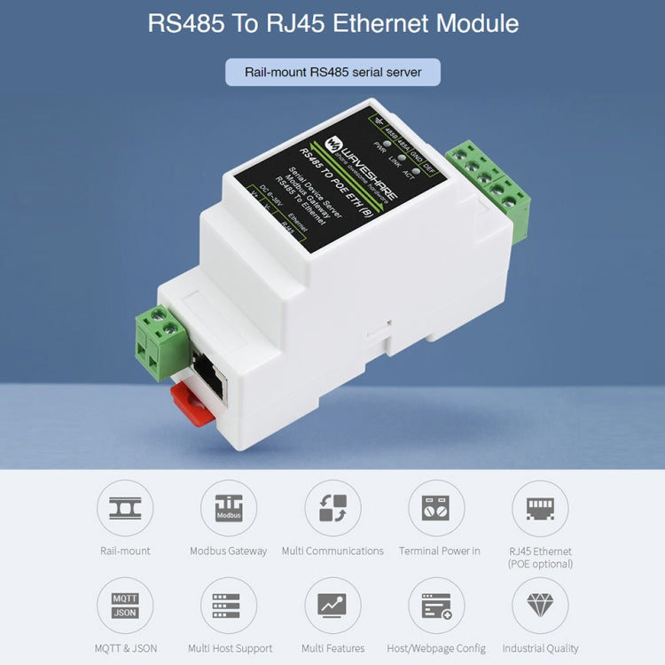 Waveshare เซิร์ฟเวอร์อนุกรม RS485 เป็น RJ45 แบบติดราง DIN พร้อมฟังก์ชัน POE, 23273
