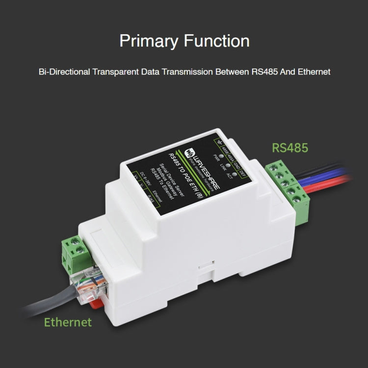 Waveshare เซิร์ฟเวอร์อนุกรม RS485 เป็น RJ45 แบบติดราง DIN พร้อมฟังก์ชัน POE, 23273