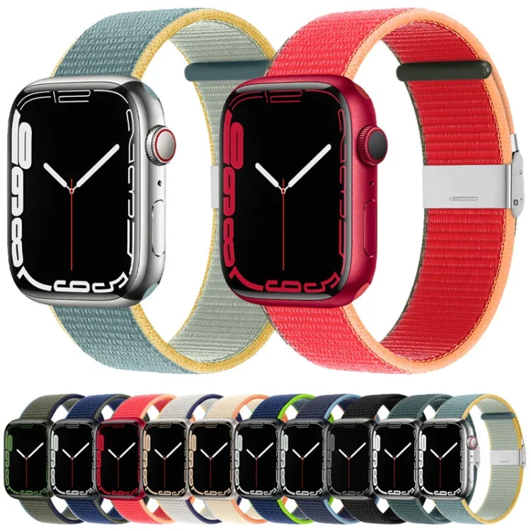 สายรัดไนลอนหัวเข็มขัดโลหะ สำหรับ Apple Watch Series 8&7 41 มม. / SE 2&6&SE&5&4 40 มม. / 3&2&1 38 มม. สำหรับ Apple Watch Ultra 49 มม. / Series 8&7 45 มม. / SE 2&6&SE&5&4 44 มม. / 3&2&1 42 มม.