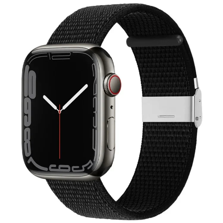สายรัดไนลอนหัวเข็มขัดโลหะ สำหรับ Apple Watch Series 8&7 41 มม. / SE 2&6&SE&5&4 40 มม. / 3&2&1 38 มม. สำหรับ Apple Watch Ultra 49 มม. / Series 8&7 45 มม. / SE 2&6&SE&5&4 44 มม. / 3&2&1 42 มม.