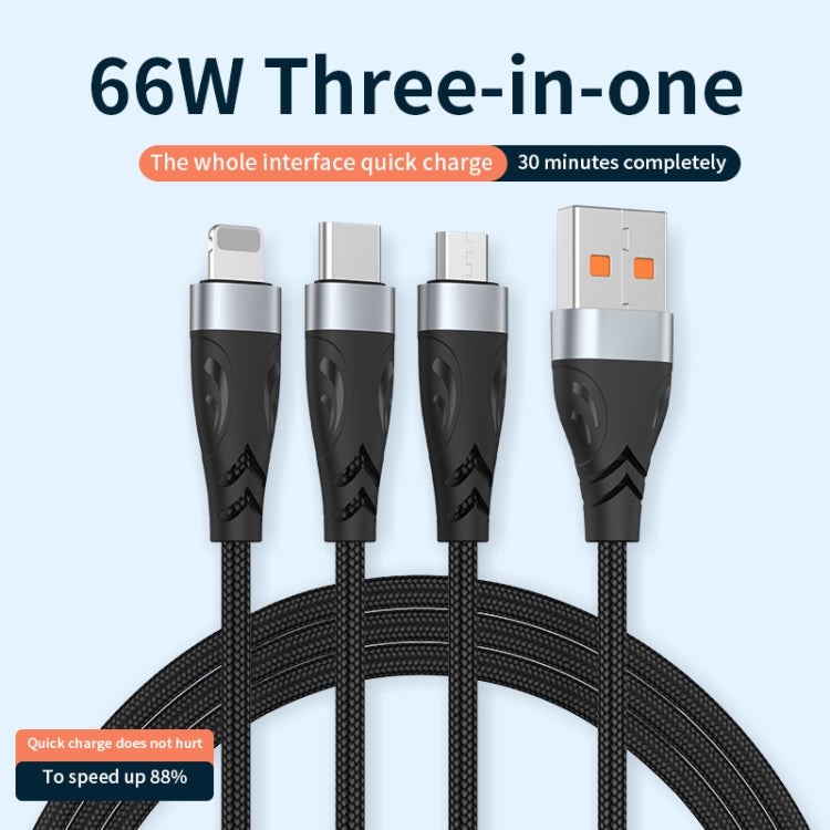 สายชาร์จ ADC-008 66W USB เป็น USB-C/Type-C + 8 Pin + Micro USB 3 in 1 รองรับการชาร์จเร็วและถ่ายโอนข้อมูลเต็มรูปแบบ, 1.2m, 2m