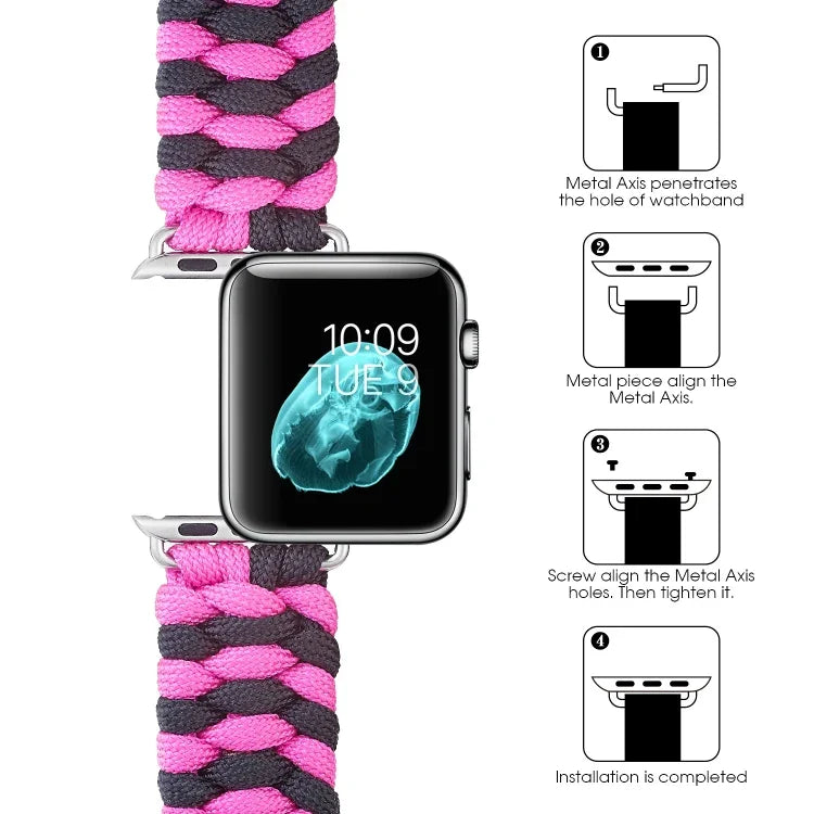 สายรัดนาฬิกานีลอนถักแบบธรรมดาพร้อมตีนตุ๊กแก Paracord สำหรับ Apple Watch Series 8&7 41มม. / SE 2&6&SE&5&4 40มม. สำหรับ Apple Watch Ultra 49มม. / Series 8&7 45มม. / SE 2&6&SE&5&4 44มม.