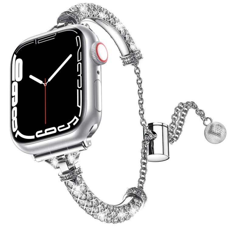 สายรัดนาฬิกาสร้อยข้อมือโลหะประดับเพชรเต็มเม็ด สำหรับ Apple Watch Series 8&7 45มม. / SE 2&6&SE&5&4 44มม. สำหรับ Apple Watch Series 8&7 41มม. / SE 2&6&SE&5&4 40มม.
