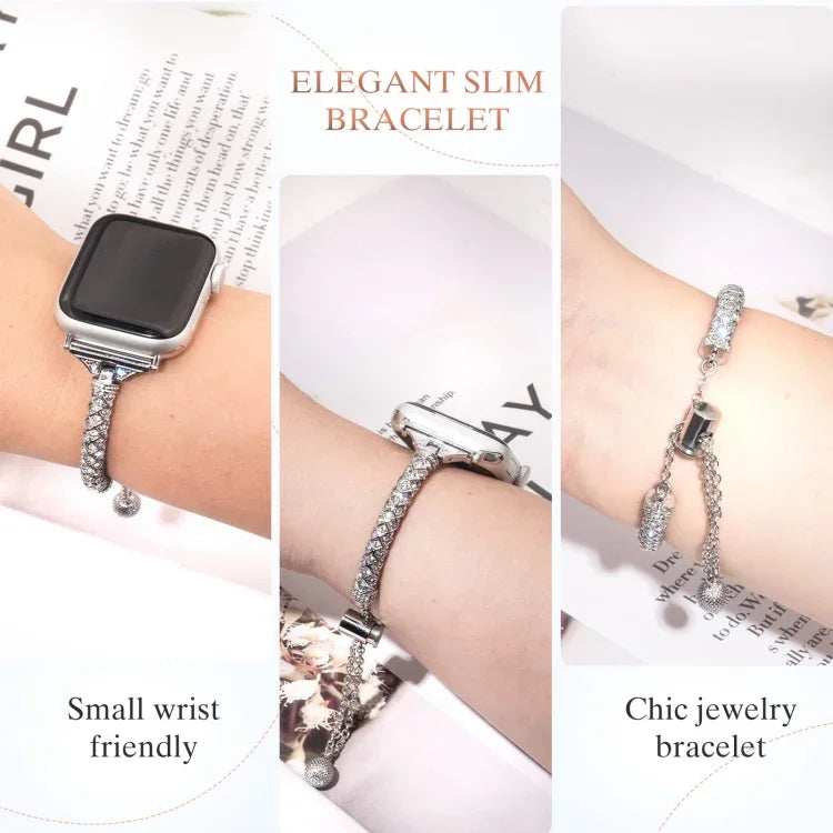 สายรัดนาฬิกาสร้อยข้อมือโลหะประดับเพชรเต็มเม็ด สำหรับ Apple Watch Series 8&7 45มม. / SE 2&6&SE&5&4 44มม. สำหรับ Apple Watch Series 8&7 41มม. / SE 2&6&SE&5&4 40มม.
