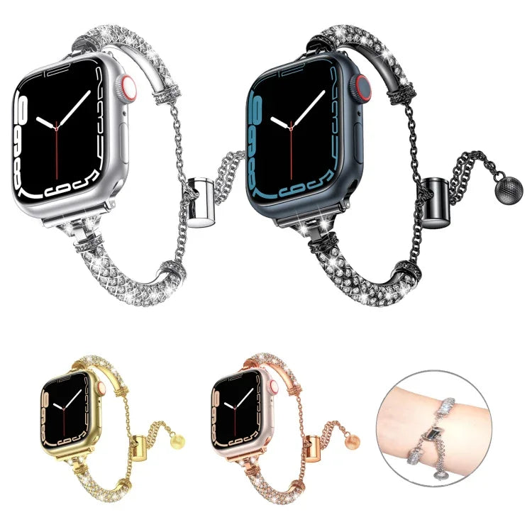 สายรัดนาฬิกาสร้อยข้อมือโลหะประดับเพชรเต็มเม็ด สำหรับ Apple Watch Series 8&7 45มม. / SE 2&6&SE&5&4 44มม. สำหรับ Apple Watch Series 8&7 41มม. / SE 2&6&SE&5&4 40มม.