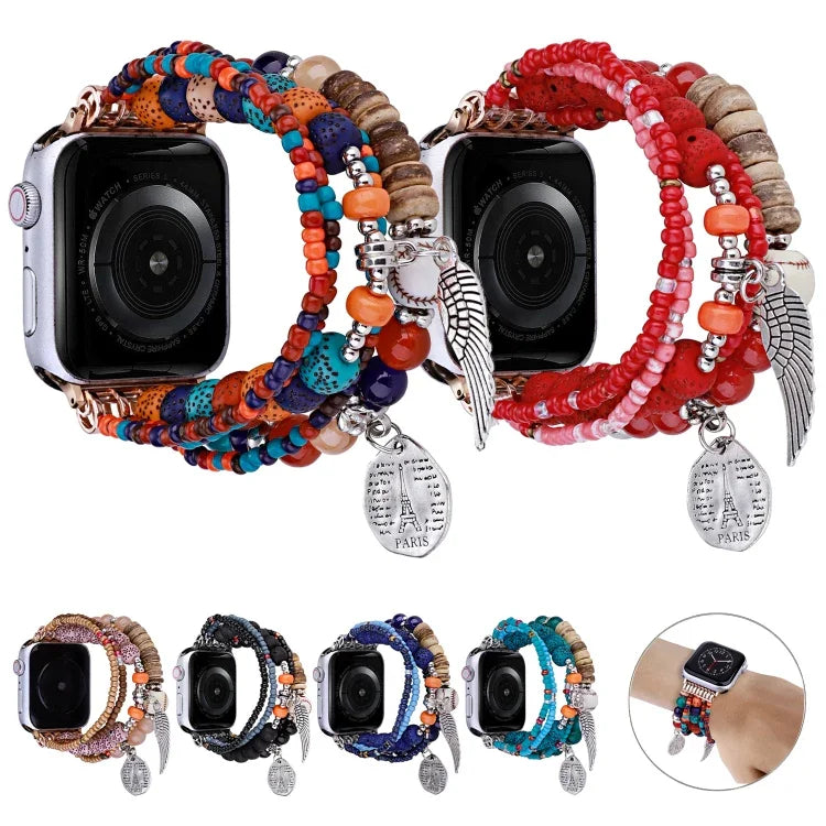 สายรัดนาฬิกาสร้อยข้อมือปีกดอกไม้ประดับลูกปัด สำหรับ Apple Watch Series 8&7 45มม. / SE 2&6&SE&5&4 44มม. สำหรับ Apple Watch Series 8&7 41มม. / SE 2&6&SE&5&4 40มม.