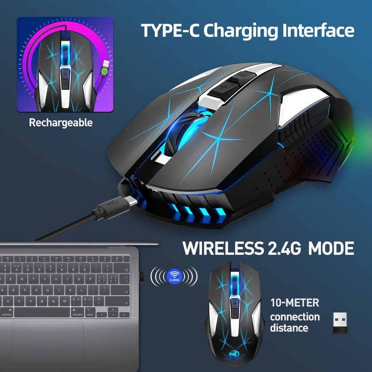 HXSJ T300 เมาส์ไร้สาย 7 ปุ่ม 2400DPI มีไฟสีสันสดใส 2.4G รุ่น T300 สีดำ