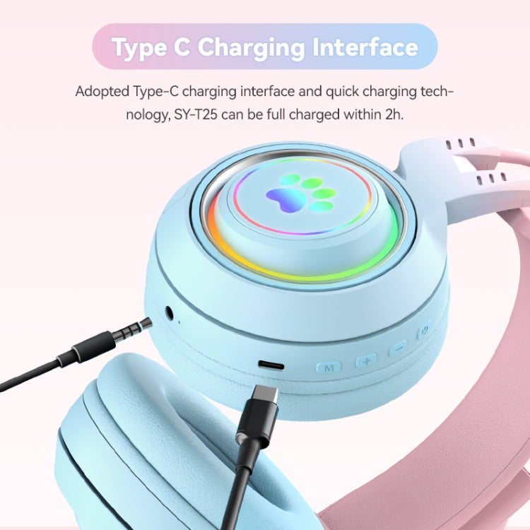 T25 RGB หูฟังบลูทูธไร้สายสเตอริโอรูปหูแมวพร้อมไมโครโฟนถอดได้