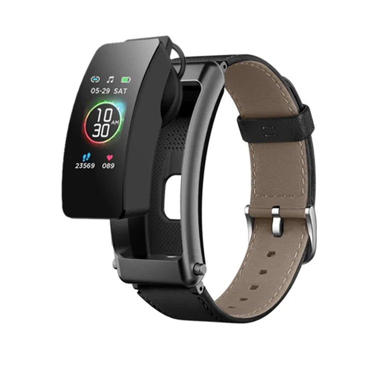 K50+ สายหนัง 0.96 นิ้ว สมาร์ทวอทช์ถอดหูฟังได้ กันน้ำ รองรับการโทร Bluetooth, สายหนัง (สีดำ)