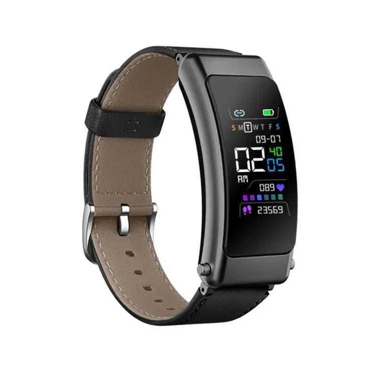 K50+ สายหนัง 0.96 นิ้ว สมาร์ทวอทช์ถอดหูฟังได้ กันน้ำ รองรับการโทร Bluetooth, สายหนัง (สีดำ)