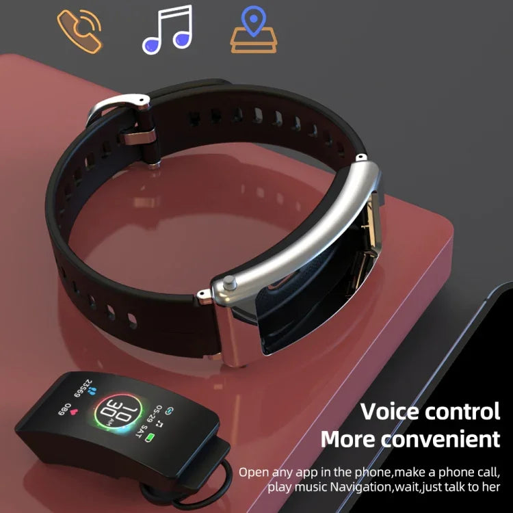 K50+ สายหนัง 0.96 นิ้ว สมาร์ทวอทช์ถอดหูฟังได้ กันน้ำ รองรับการโทร Bluetooth, สายหนัง (สีดำ)