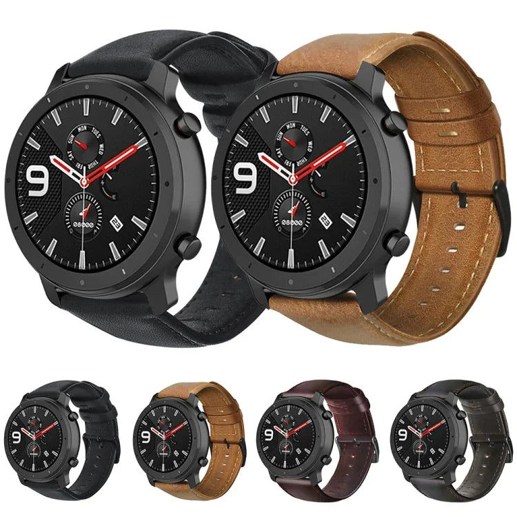 สายรัดนาฬิกาหนังแท้เคลือบแว็กซ์น้ำมัน สำหรับ Amazfit GTR 47 มม. / Pace / Stratos, Amazfit 2 Stratos, Ticwatch Pro / E2 / S2, Pebble Gen 1, Pebble Time