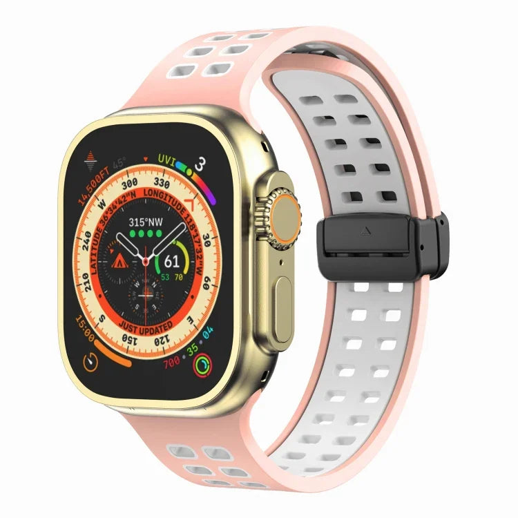 สายรัดนาฬิกาซิลิโคนพร้อมหัวเข็มขัดพับแม่เหล็กและรูสี่เหลี่ยม สำหรับ Apple Watch Series 8&7 ขนาด 45 มม. และ 41 มม.