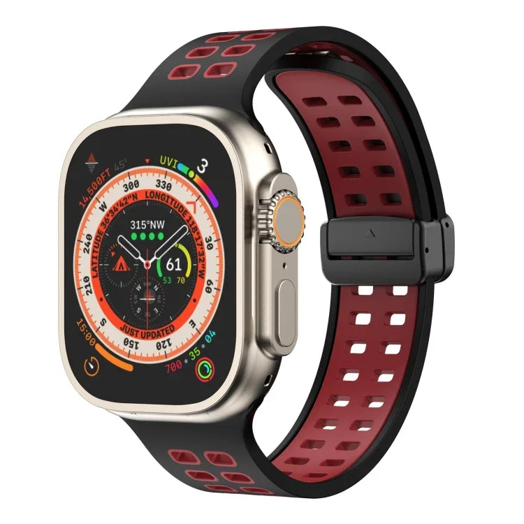 สายรัดนาฬิกาซิลิโคนพร้อมหัวเข็มขัดพับแม่เหล็กและรูสี่เหลี่ยม สำหรับ Apple Watch Series 8&7 ขนาด 45 มม. และ 41 มม.