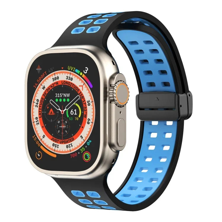 สายรัดนาฬิกาซิลิโคนพร้อมหัวเข็มขัดพับแม่เหล็กและรูสี่เหลี่ยม สำหรับ Apple Watch Series 8&7 ขนาด 45 มม. และ 41 มม.