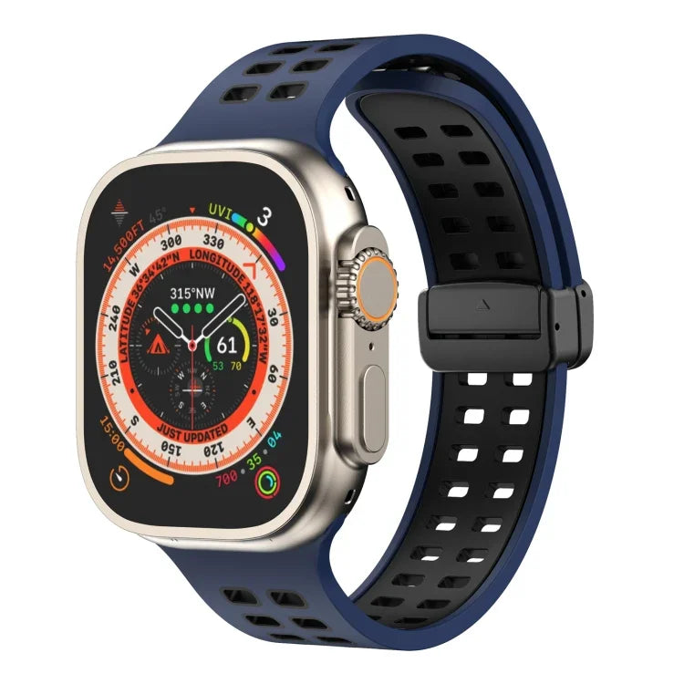 สายรัดนาฬิกาซิลิโคนพร้อมหัวเข็มขัดพับแม่เหล็กและรูสี่เหลี่ยม สำหรับ Apple Watch Series 8&7 ขนาด 45 มม. และ 41 มม.