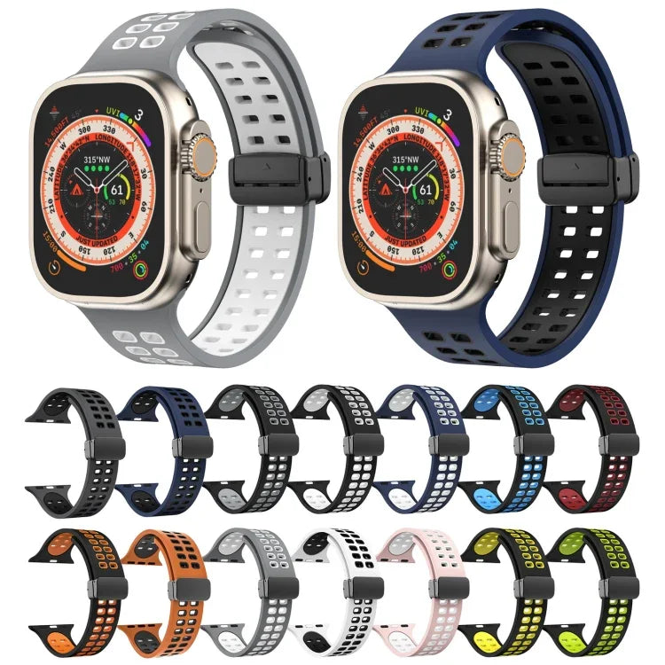 สายรัดนาฬิกาซิลิโคนพร้อมหัวเข็มขัดพับแม่เหล็กและรูสี่เหลี่ยม สำหรับ Apple Watch Series 8&7 ขนาด 45 มม. และ 41 มม.