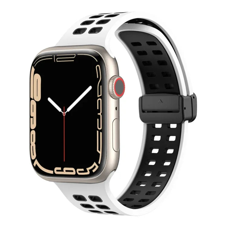 สายรัดนาฬิกาซิลิโคนพร้อมหัวเข็มขัดพับแม่เหล็กและรูสี่เหลี่ยม สำหรับ Apple Watch Series 8&7 ขนาด 45 มม. และ 41 มม.