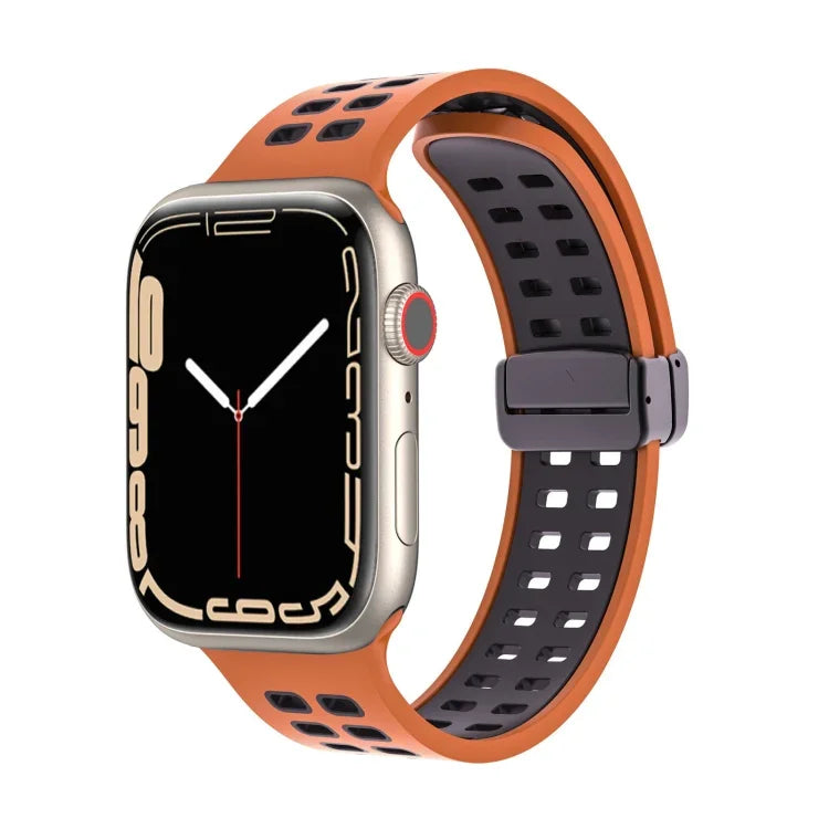 สายรัดนาฬิกาซิลิโคนพร้อมหัวเข็มขัดพับแม่เหล็กและรูสี่เหลี่ยม สำหรับ Apple Watch Series 8&7 ขนาด 45 มม. และ 41 มม.