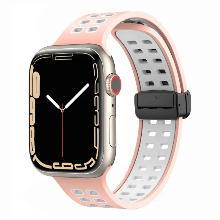 สายรัดนาฬิกาซิลิโคนพร้อมหัวเข็มขัดพับแม่เหล็กและรูสี่เหลี่ยม สำหรับ Apple Watch Series 8&7 ขนาด 45 มม. และ 41 มม.