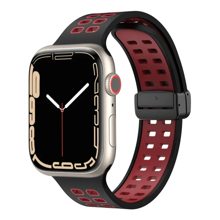 สายรัดนาฬิกาซิลิโคนพร้อมหัวเข็มขัดพับแม่เหล็กและรูสี่เหลี่ยม สำหรับ Apple Watch Series 8&7 ขนาด 45 มม. และ 41 มม.