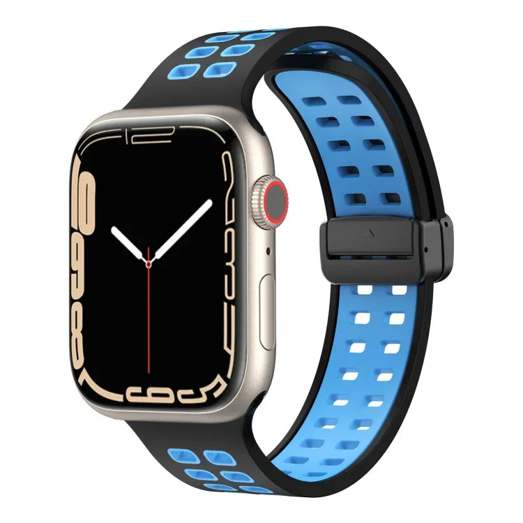 สายรัดนาฬิกาซิลิโคนพร้อมหัวเข็มขัดพับแม่เหล็กและรูสี่เหลี่ยม สำหรับ Apple Watch Series 8&7 ขนาด 45 มม. และ 41 มม.