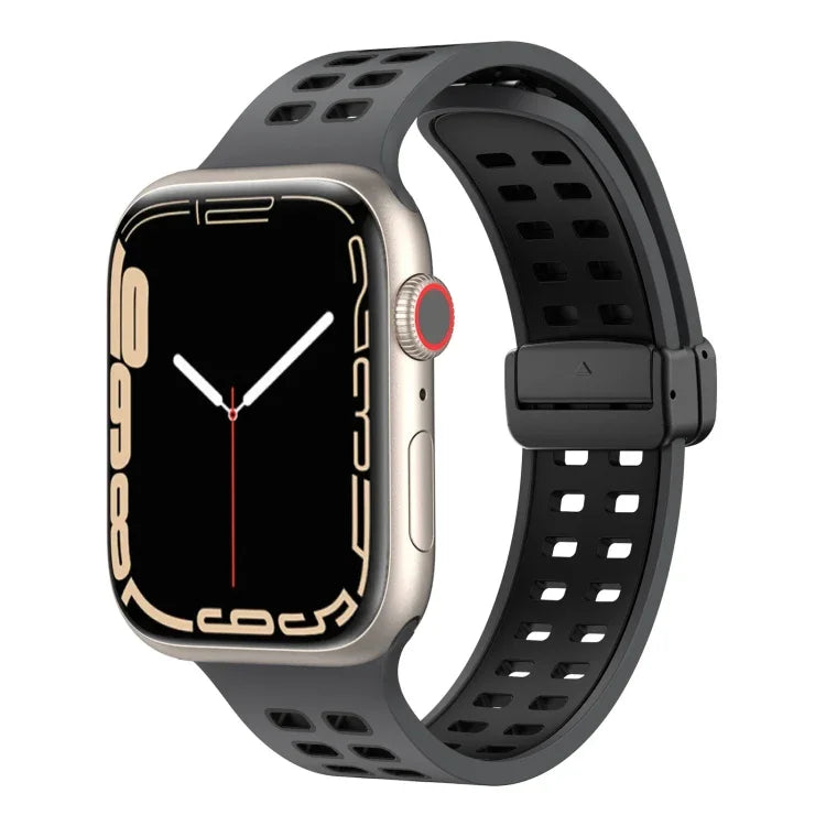 สายรัดนาฬิกาซิลิโคนพร้อมหัวเข็มขัดพับแม่เหล็กและรูสี่เหลี่ยม สำหรับ Apple Watch Series 8&7 ขนาด 45 มม. และ 41 มม.