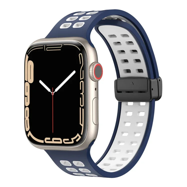 สายรัดนาฬิกาซิลิโคนพร้อมหัวเข็มขัดพับแม่เหล็กและรูสี่เหลี่ยม สำหรับ Apple Watch Series 8&7 ขนาด 45 มม. และ 41 มม.