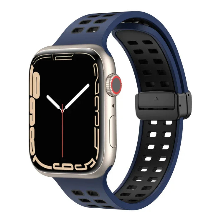 สายรัดนาฬิกาซิลิโคนพร้อมหัวเข็มขัดพับแม่เหล็กและรูสี่เหลี่ยม สำหรับ Apple Watch Series 8&7 ขนาด 45 มม. และ 41 มม.