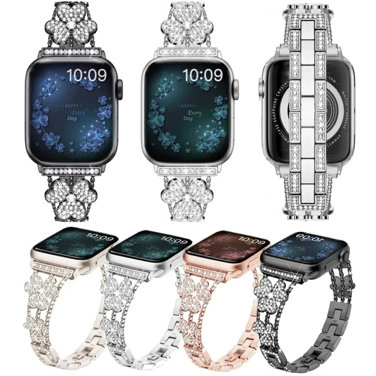 สายรัดนาฬิกาเพชรรูปใบโคลเวอร์สามแฉก สำหรับ Apple Watch Series 8&7 ขนาด 45 มม. และ 41 มม.