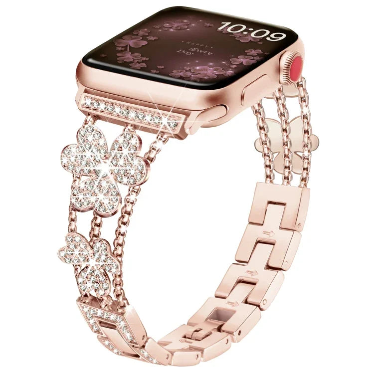 สายรัดนาฬิกาเพชรรูปใบโคลเวอร์สามแฉก สำหรับ Apple Watch Series 8&7 ขนาด 45 มม. และ 41 มม.