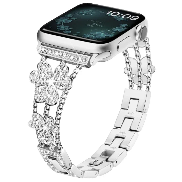 สายรัดนาฬิกาเพชรรูปใบโคลเวอร์สามแฉก สำหรับ Apple Watch Series 8&7 ขนาด 45 มม. และ 41 มม.