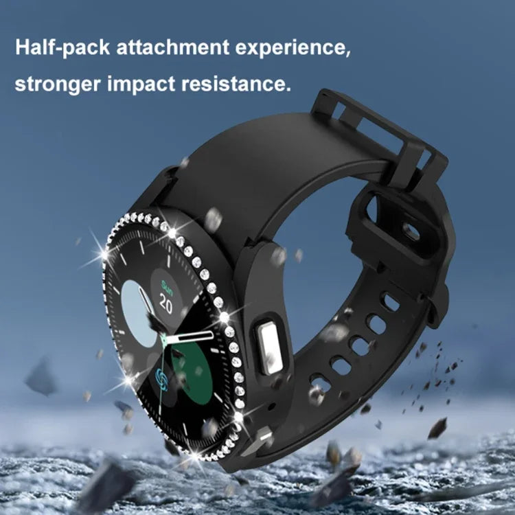 เคสใส่นาฬิกา PC เพชรแถวเดียว + กระจกนิรภัย สำหรับ Samsung Galaxy Watch5 44 มม.