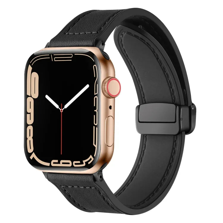 สายรัดนาฬิกาหนังซิลิโคนพับแม่เหล็ก สำหรับ Apple Watch Ultra 49 มม. / Series 8&7 45 มม. / SE 2&6&SE&5&4 44 มม. / 3&2&1 42 มม. สำหรับ Apple Watch Ultra 49 มม.