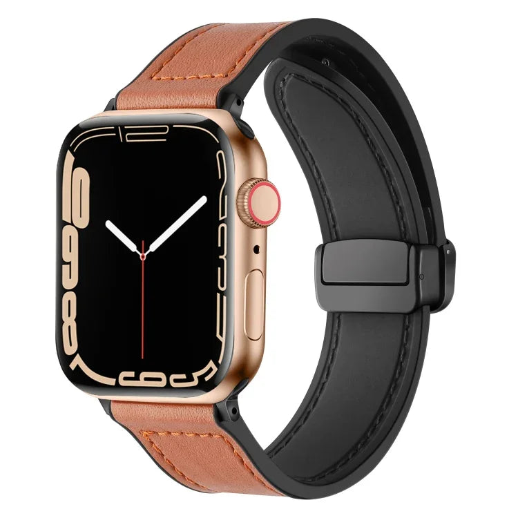 สายรัดนาฬิกาหนังซิลิโคนพับแม่เหล็ก สำหรับ Apple Watch Ultra 49 มม. / Series 8&7 45 มม. / SE 2&6&SE&5&4 44 มม. / 3&2&1 42 มม. สำหรับ Apple Watch Ultra 49 มม.
