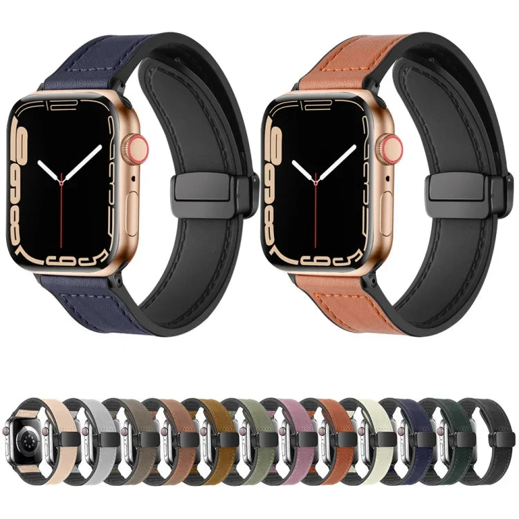 สายรัดนาฬิกาหนังซิลิโคนพับแม่เหล็ก สำหรับ Apple Watch Ultra 49 มม. / Series 8&7 45 มม. / SE 2&6&SE&5&4 44 มม. / 3&2&1 42 มม. สำหรับ Apple Watch Ultra 49 มม.