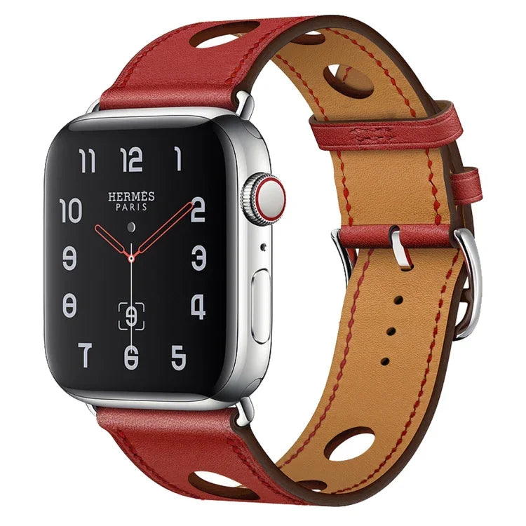 Leather Three Holes Replacement Strap Watchband, For Apple Watch Series 8&7 41mm / SE 2&6&SE&5&4 40mm / 3&2&1 38mm, For Apple Watch Series 7 45mm / 6 & SE & 5 & 4 44mm / 3 & 2 & 1 42mm, For Apple Watch Series 7 41mm / 6 & SE & 5 & 4 40mm / 3 & 2 & 1 38...