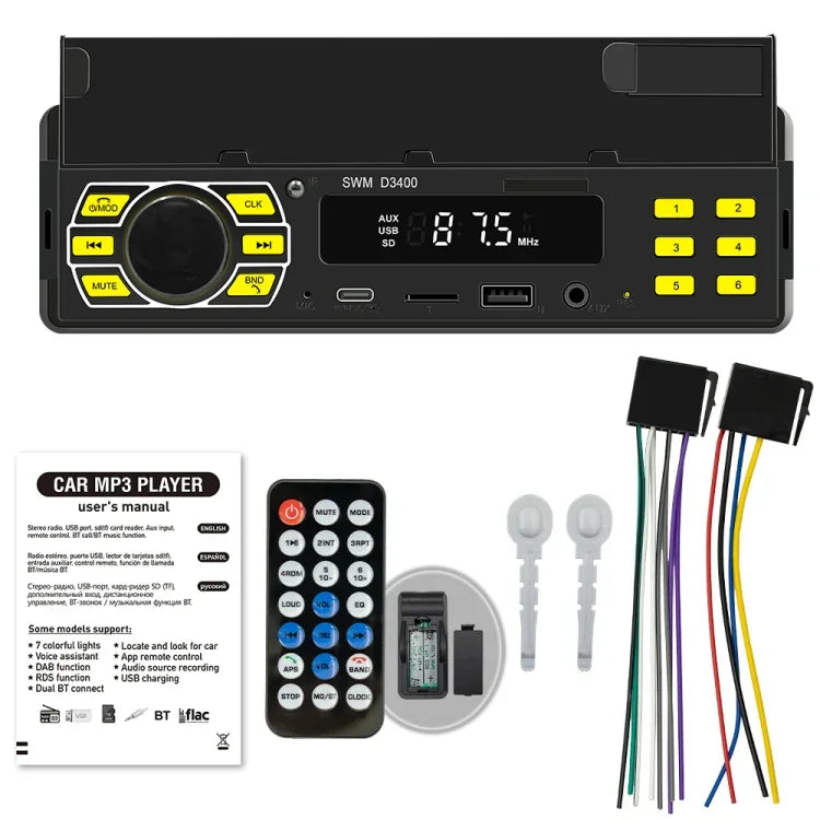เครื่องเล่น MP3 บลูทูธรถยนต์ SWM D3400 รองรับผู้ช่วยเสียงอัจฉริยะ / FM