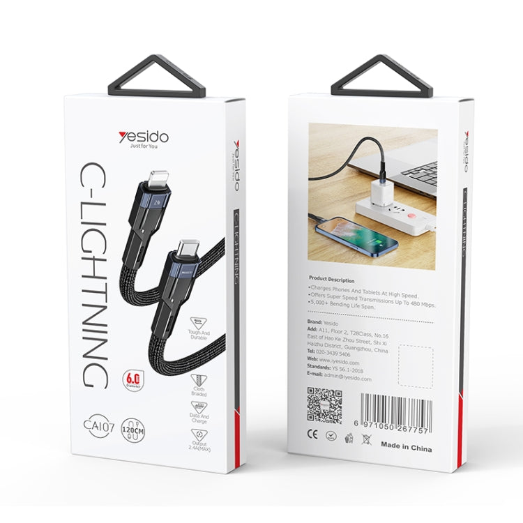 YESIDO CA107 สายชาร์จ 1.2m 2.4A USB-C / Type-C เป็น 8 Pin OD0.6, CA107