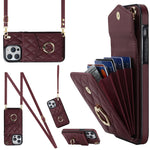 เคสโทรศัพท์กระเป๋าใส่บัตรลายข้าวหลามตัดพร้อมสายคล้องยาว สำหรับ iPhone 14 Pro Max, สำหรับ iPhone 13 Pro Max, สำหรับ iPhone 13 Pro, สำหรับ iPhone 13, สำหรับ iPhone 12 / 12 Pro, สำหรับ iPhone 12 Pro Max
