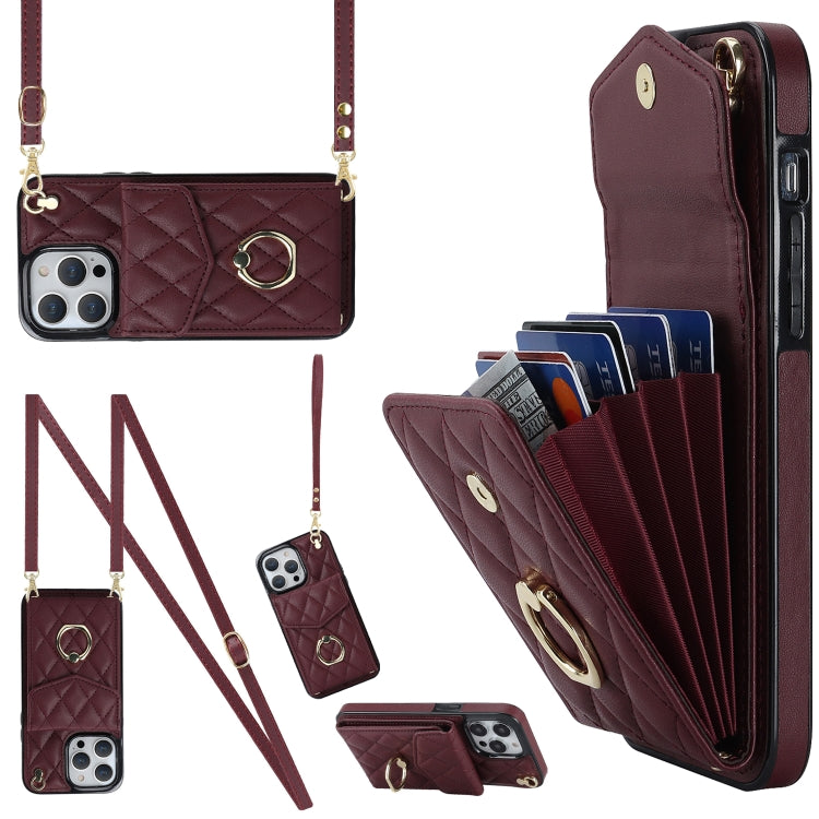 เคสโทรศัพท์กระเป๋าใส่บัตรลายข้าวหลามตัดพร้อมสายคล้องยาว สำหรับ iPhone 14 Pro Max, สำหรับ iPhone 13 Pro Max, สำหรับ iPhone 13 Pro, สำหรับ iPhone 13, สำหรับ iPhone 12 / 12 Pro, สำหรับ iPhone 12 Pro Max